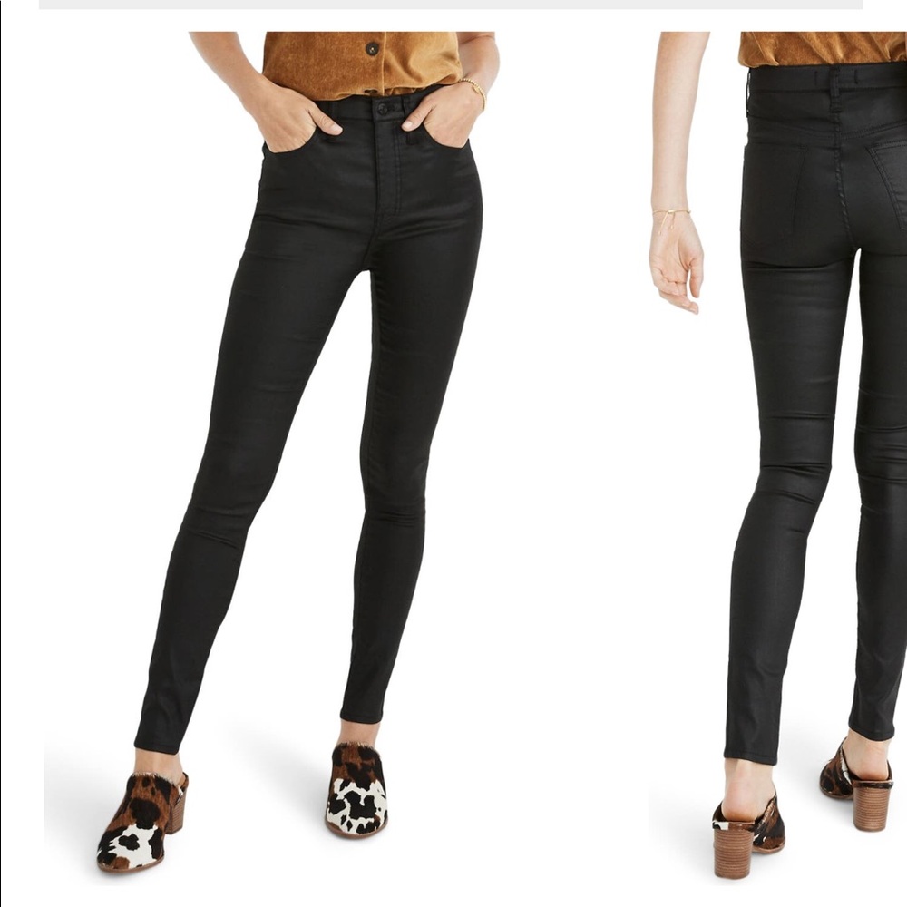 Coated black 10 inch high rise skinny Madewell jeans
